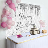 Aperturee - Aperturee Grey White Glitter Vibe Happy Birthday Backdrop